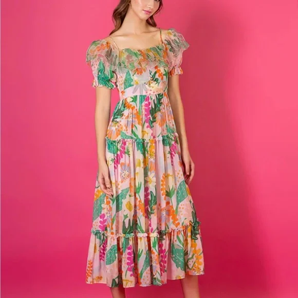 Jessie Liu Summer Floral Tiered Silk Midi Dress Size Medium - Picture 2 of 12